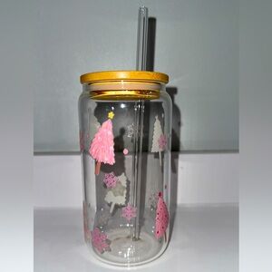 Clear Glass Tumbler with Straw and Pink Tree Design